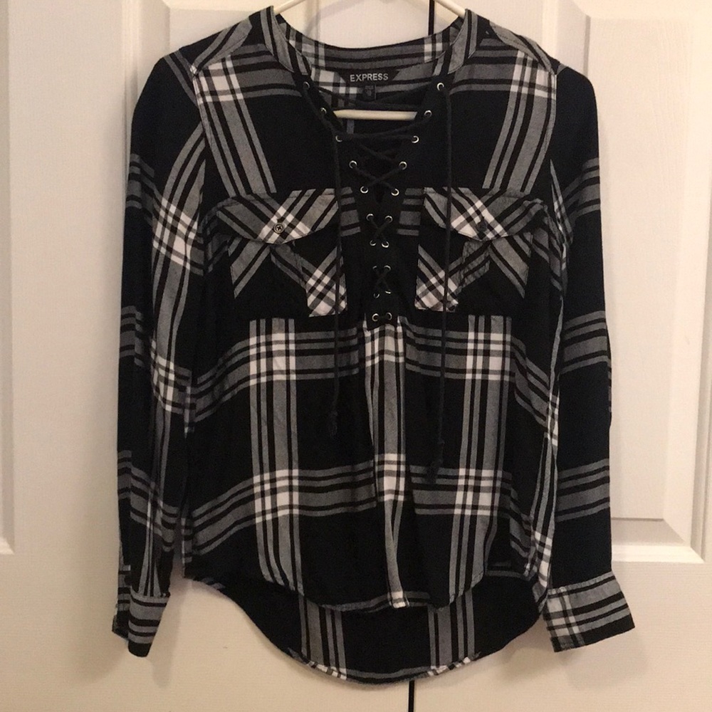 Plaid black and white lace up top